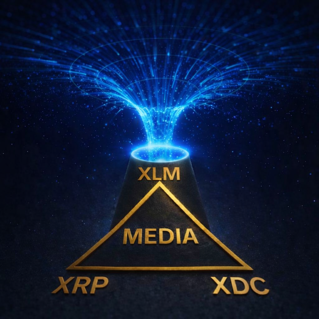 Blue black hole portal above a gold triangle with XLM, XRP, and XDC media at the center, symbolizing entry into the interconnected token economy.